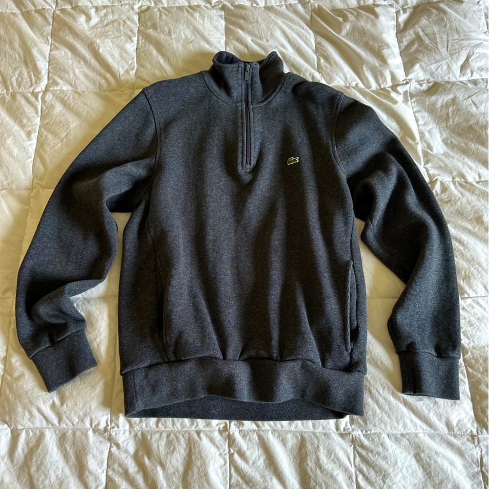 Lacoste Men's Knit Sweater Grey 1/4 Zip Pullover Long Sleeve Pockets Collar M